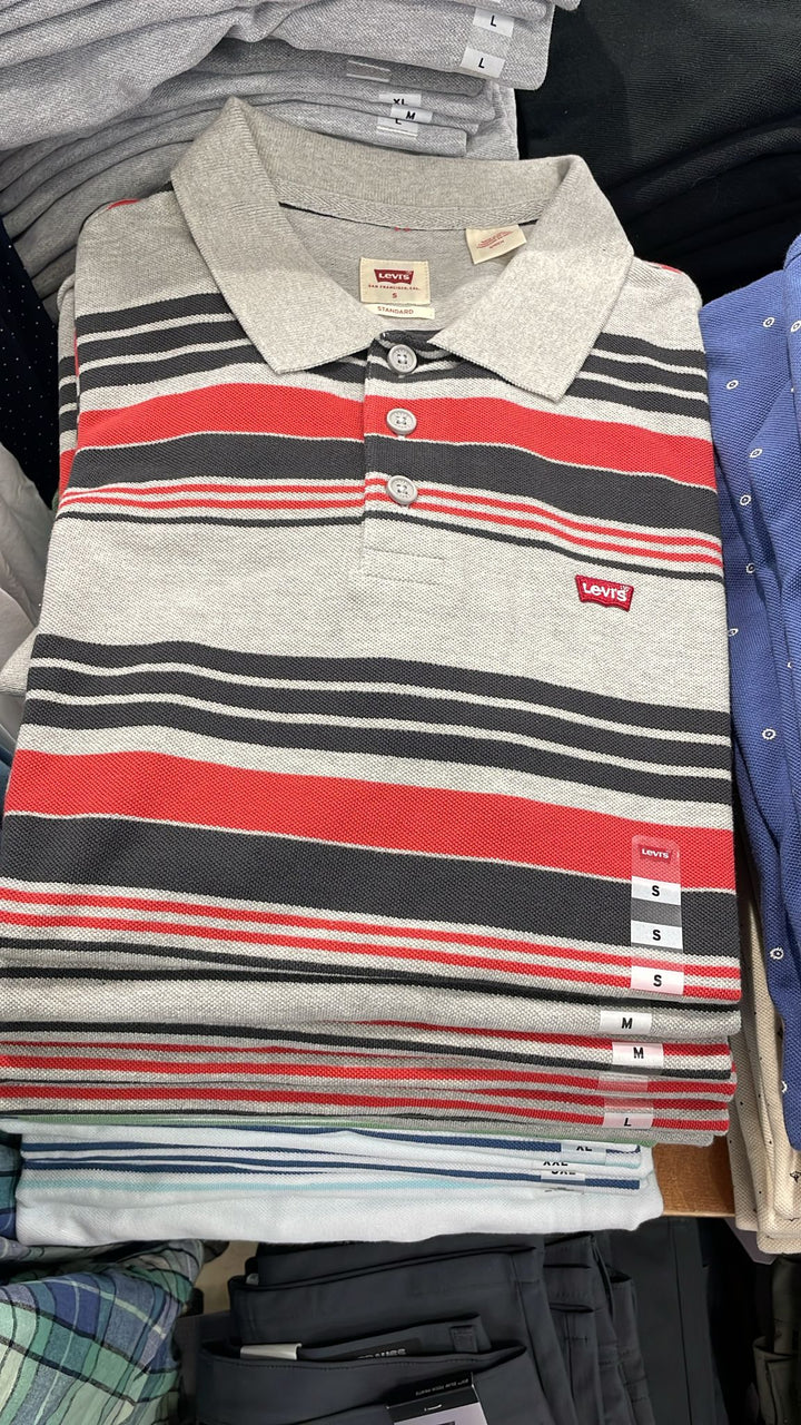 Levi's Polo Neck Small Logo Striped T-shirt Grey & Red