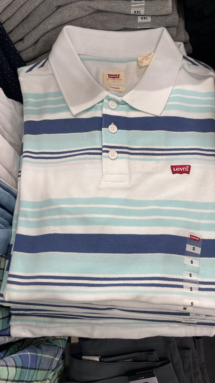 Levi's Polo Neck Small Logo Striped T-shirt Blue & White