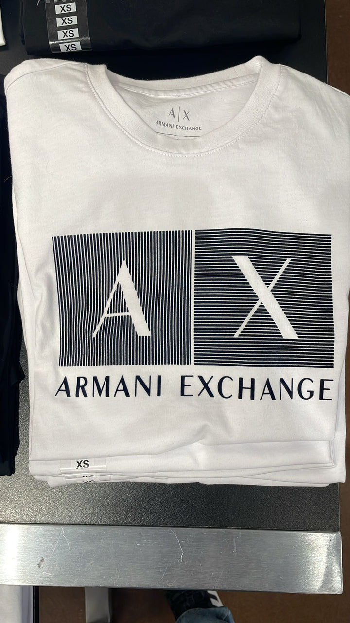 Armani Exchange Round Neck Black Plaid Logo Boxes T-shirt White