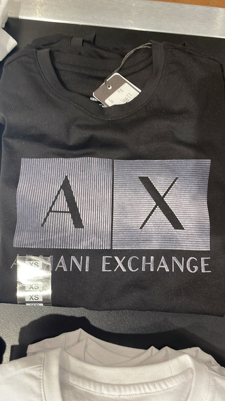 Armani Exchange Round Neck Grey Plaid Logo Boxes T-shirt Black