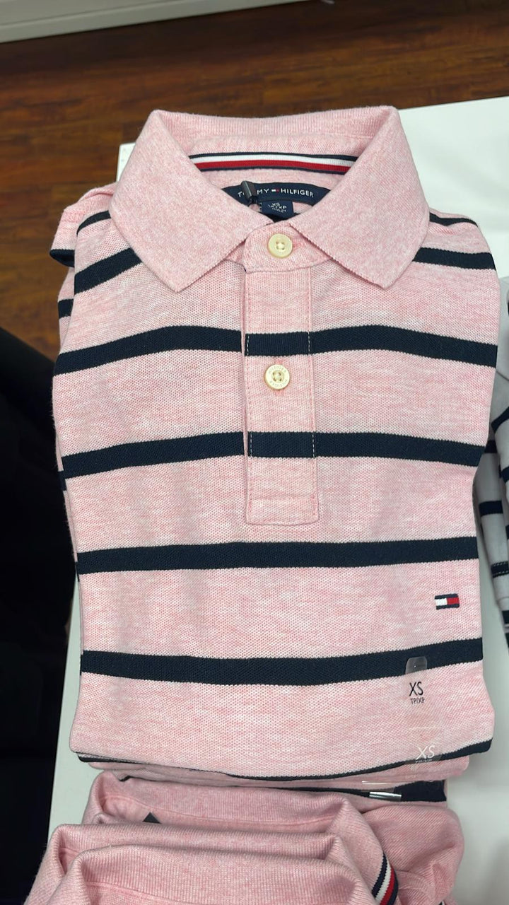 Tommy Hilfiger Striped Polo Neck T-Shirt Pink