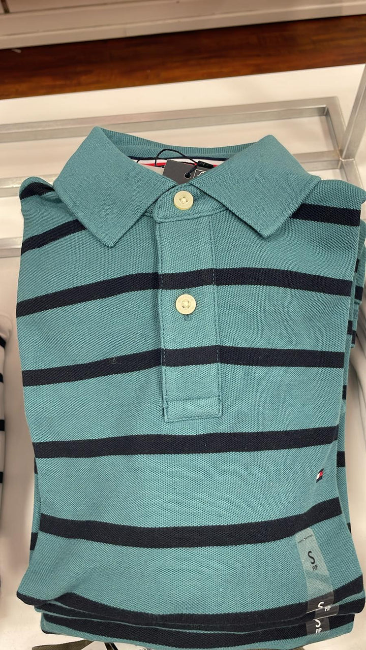 Tommy Hilfiger Striped Polo Neck T-Shirt Green