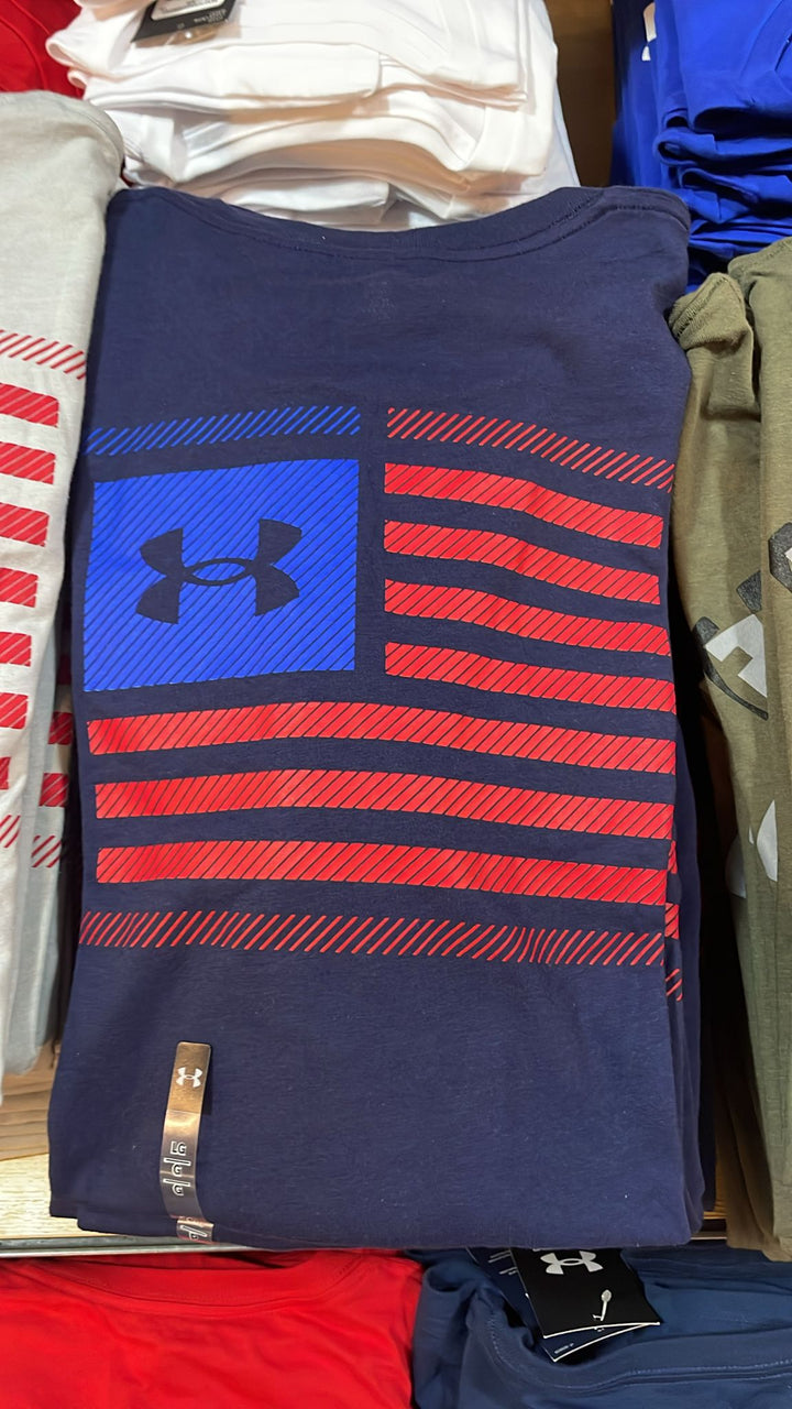 UA Round Neck Right Blue box Logo & Red stripes T-shirt Dark Blue