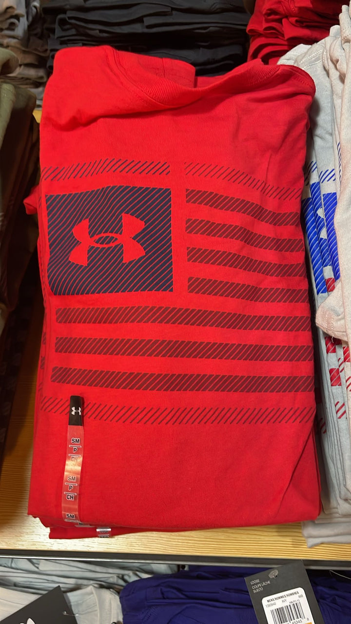 UA Round Neck Right Blue box Logo & stripes T-shirt Red