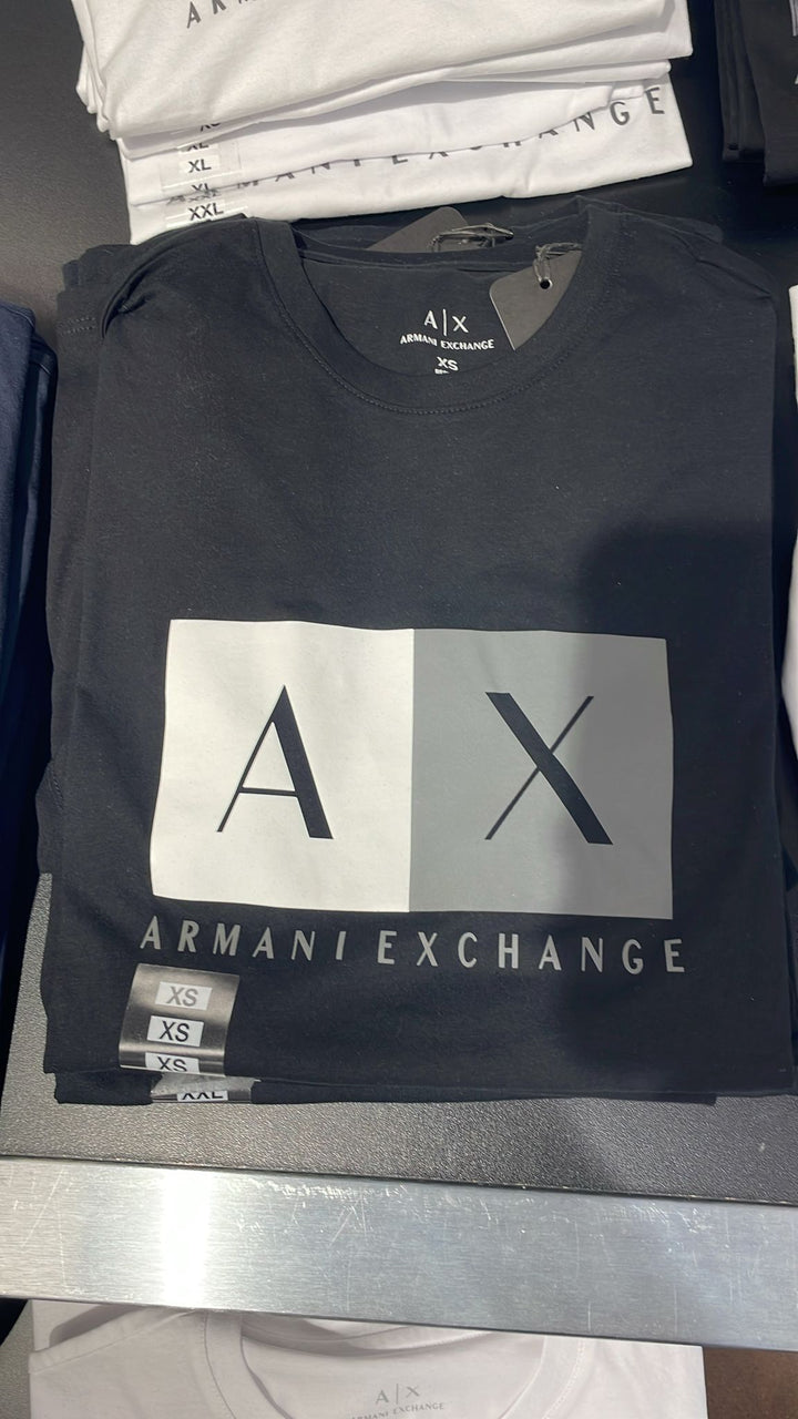 Armani Exchange Round Neck White & Olive Logo Boxes T-shirt Black