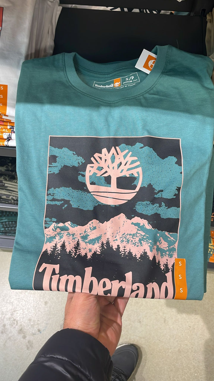 Timberland round Neck Big Logo & Mountains T-shirt Greenish