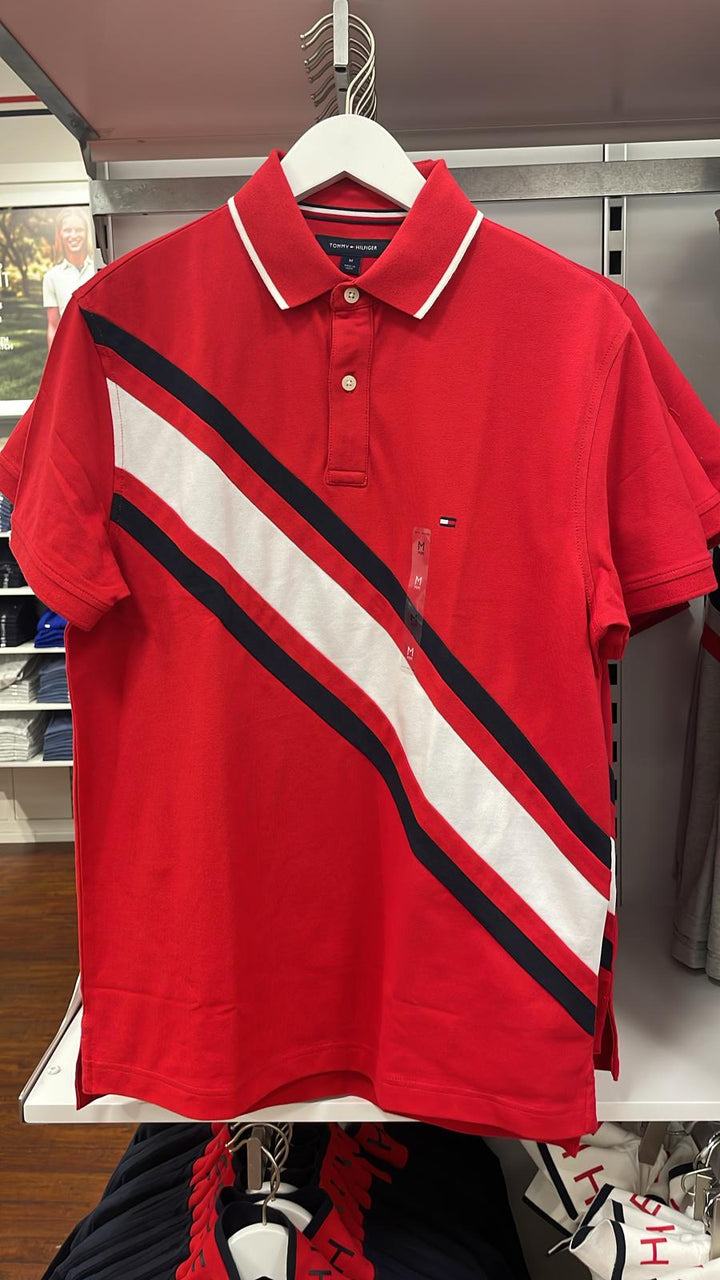 Tommy Hilfiger TH Stripes Polo Neck T-Shirt Red