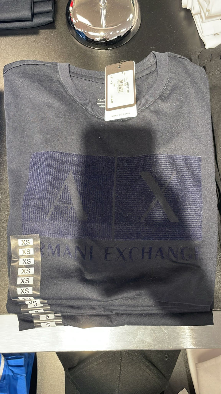 Armani Exchange Round Neck Blue Plaid Logo Boxes T-shirt Navy