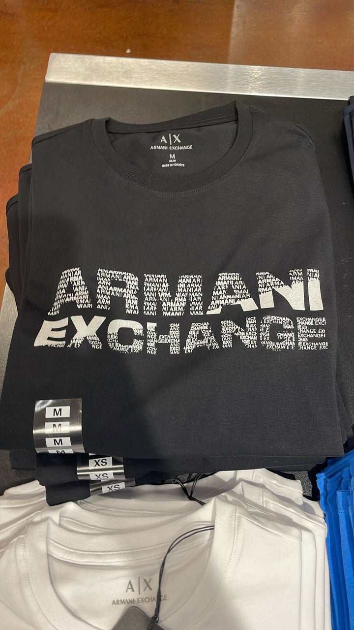 Armani Exchange Round Neck Big 2 line Logo T-shirt Black