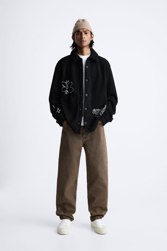 ZARA Embroidered Faux Shearling Overshirt BLACK