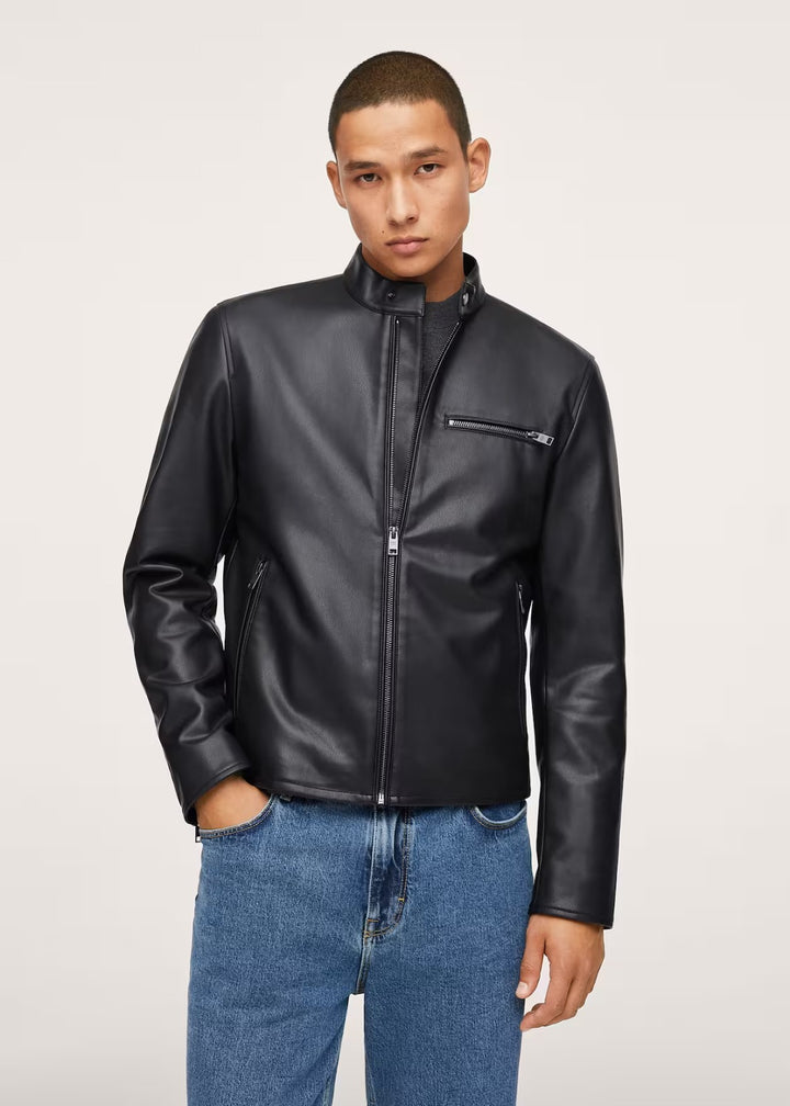 Mango Leather-effect biker jacket Black