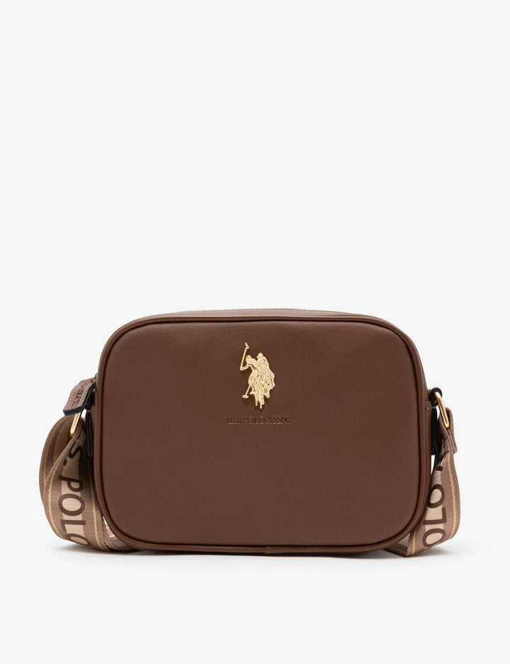 US POLO Classic Zip Crossbody Bag Dark Brown (Beige Strap)